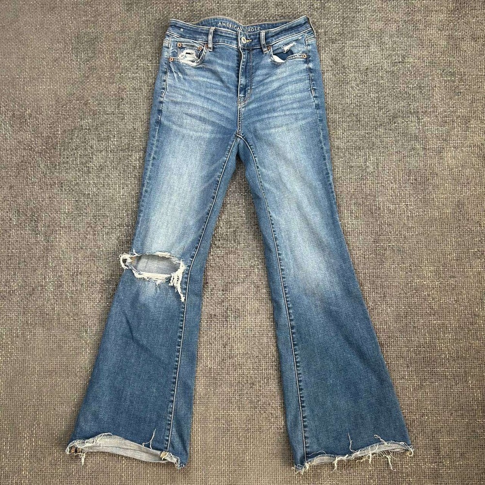 American Eagle Flare Jeans Womens 27 Blue High Rise Distressed Raw Hem Y2K